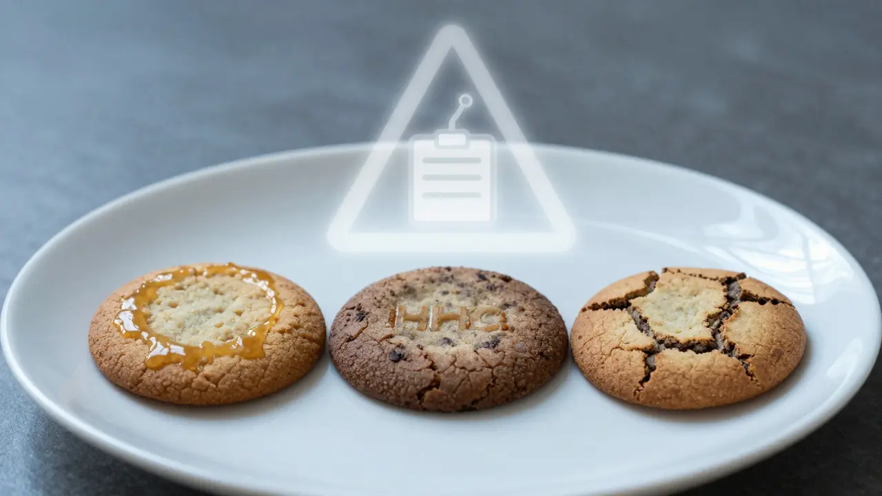 Drei HHC-Cookies auf weißem Teller mit subtilen Hinweisen auf Legalität und Qualität.