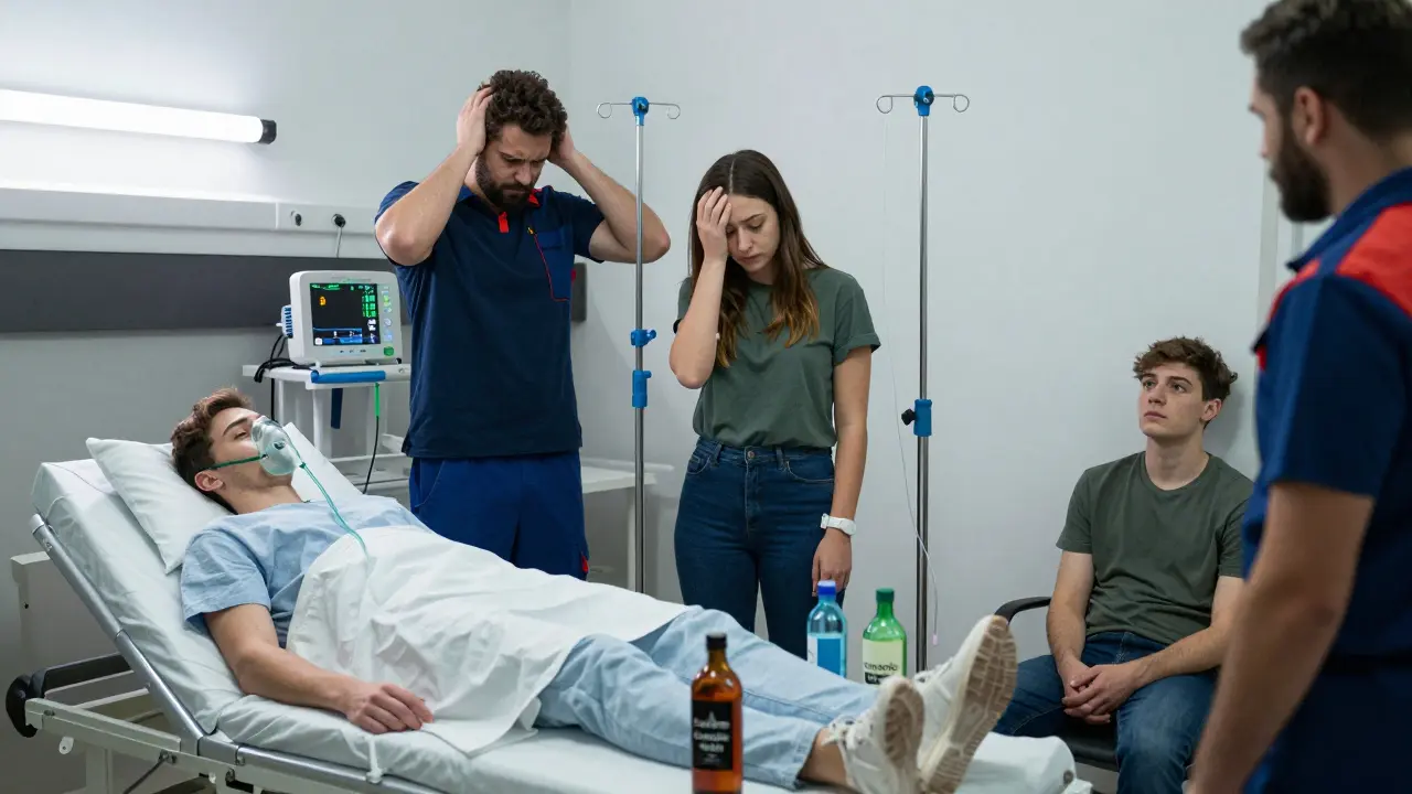 Drei junge Erwachsene in einer deutschen Notaufnahme, von medizinischem Personal betreut, mit Überwachungsgeräten und leeren Getränkeflaschen.