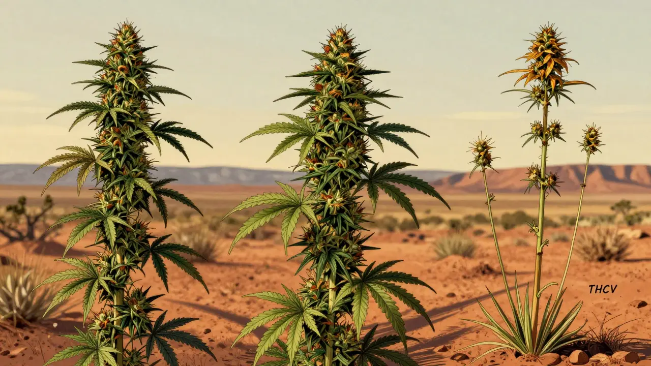 Drei verschiedene Hanfpflanzen in einer Landschaft, die THCV, THC und CBD repräsentieren.