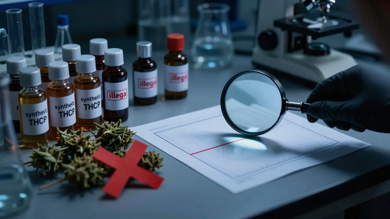 Ein Labor mit synthetischem THCP und verbotenen Cannabis-Produkten unter strenger Beobachtung.