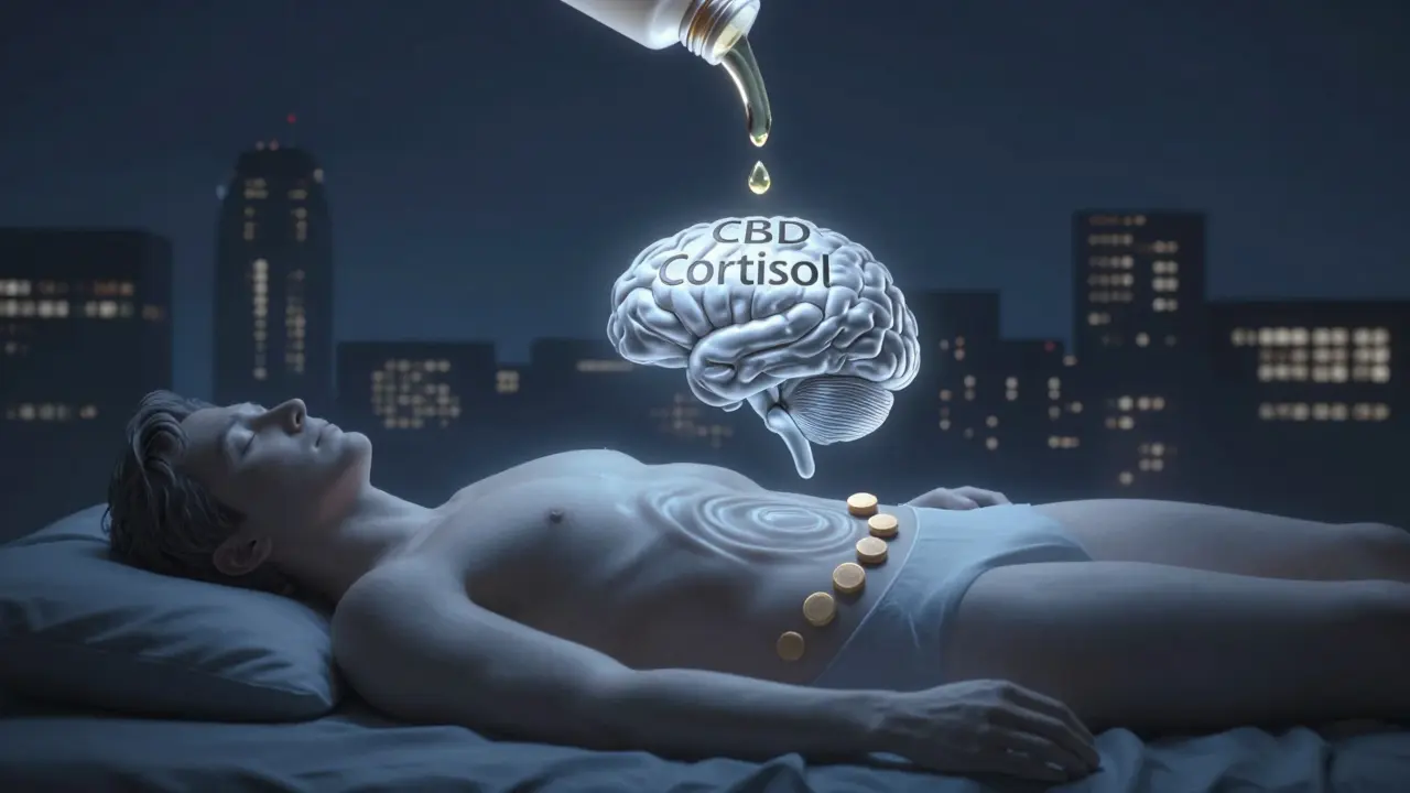 Ein menschlicher Körper bei Nacht, bei dem Stresshormone durch CBD abgebaut werden und Fettzellen schrumpfen.