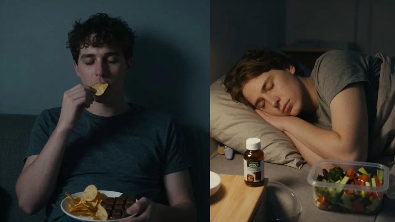 Ein Vergleich: jemand snackt nachts ungesund – oder schläft friedlich mit CBD-Flasche und gesunder Ernährung.