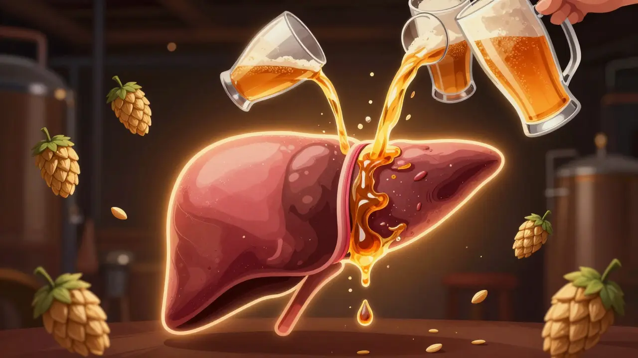 Eine menschliche Leber mit Fettansammlungen, umgeben von Alkohol-Molekülen in Form von Hopfen und Gerste, dargestellt als künstlerische, leuchtende Szene.