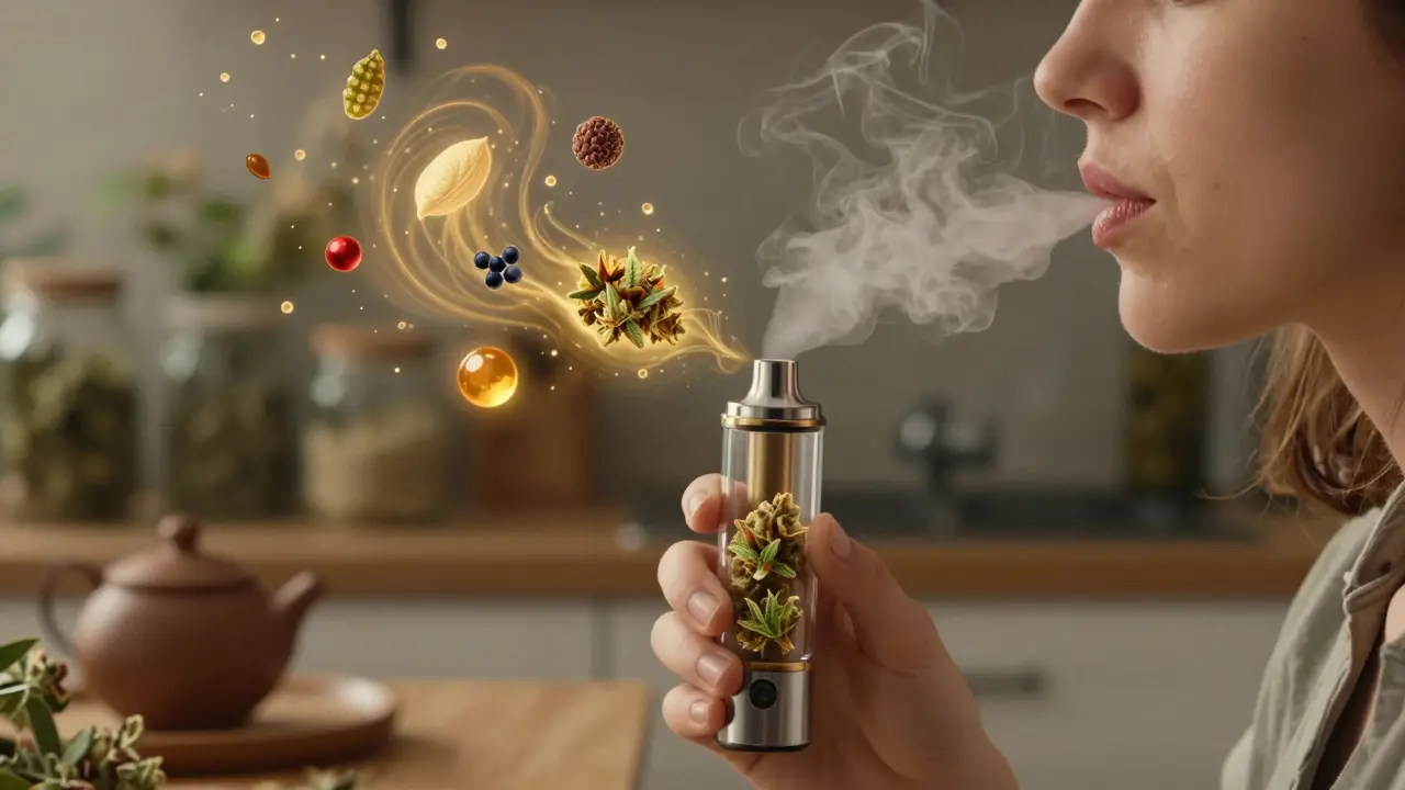 Eine Person dampft CBD-Blüten, umgeben von schwebenden Pflanzenstoffen in goldenem Licht.