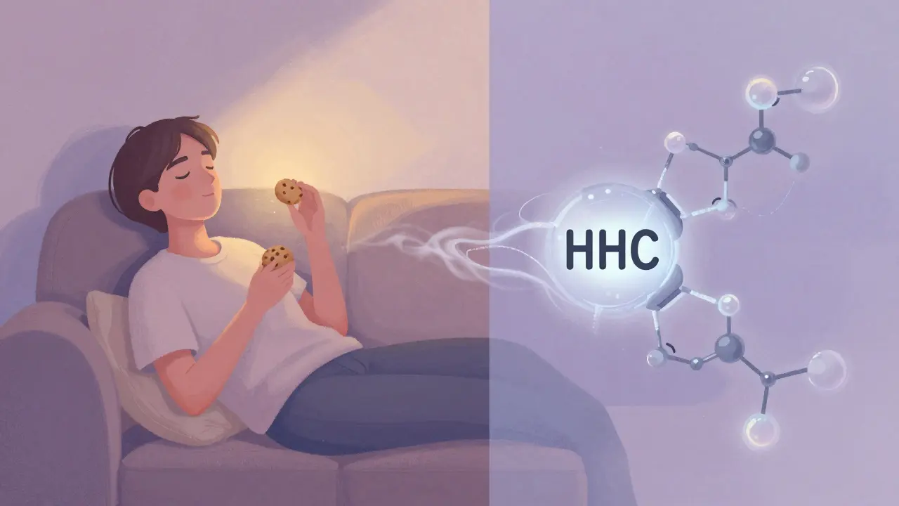 Eine Person entspannt auf der Couch mit einem Cookie, sanfte Lichtwellen symbolisieren die Wirkung.