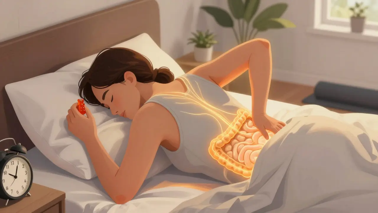 Eine Person hält einen CBD-Gummibärchen in der Hand, während sie sich im Bett entspannt.