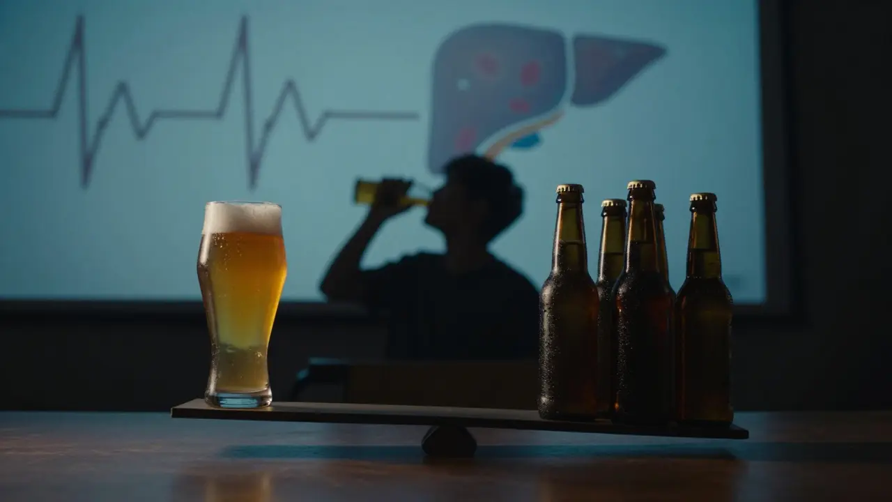 Eine Waage, die eine IPA-Glas gegenüber vier Lagerbieren wiegt — die Seite mit der IPA sinkt tiefer, in einem minimalistischen, stimmungsvollen Setting.