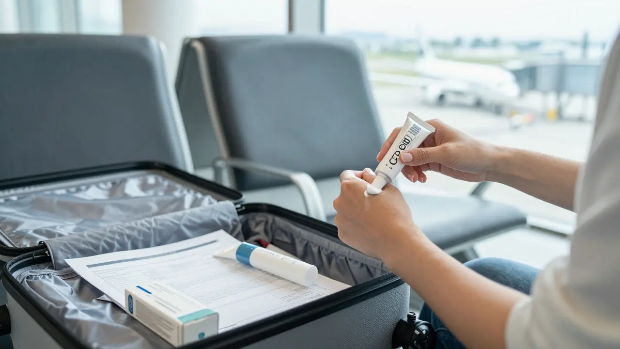 Frau trägt CBD-Creme vor dem Flug auf, Originalverpackung und COA liegen neben ihr.