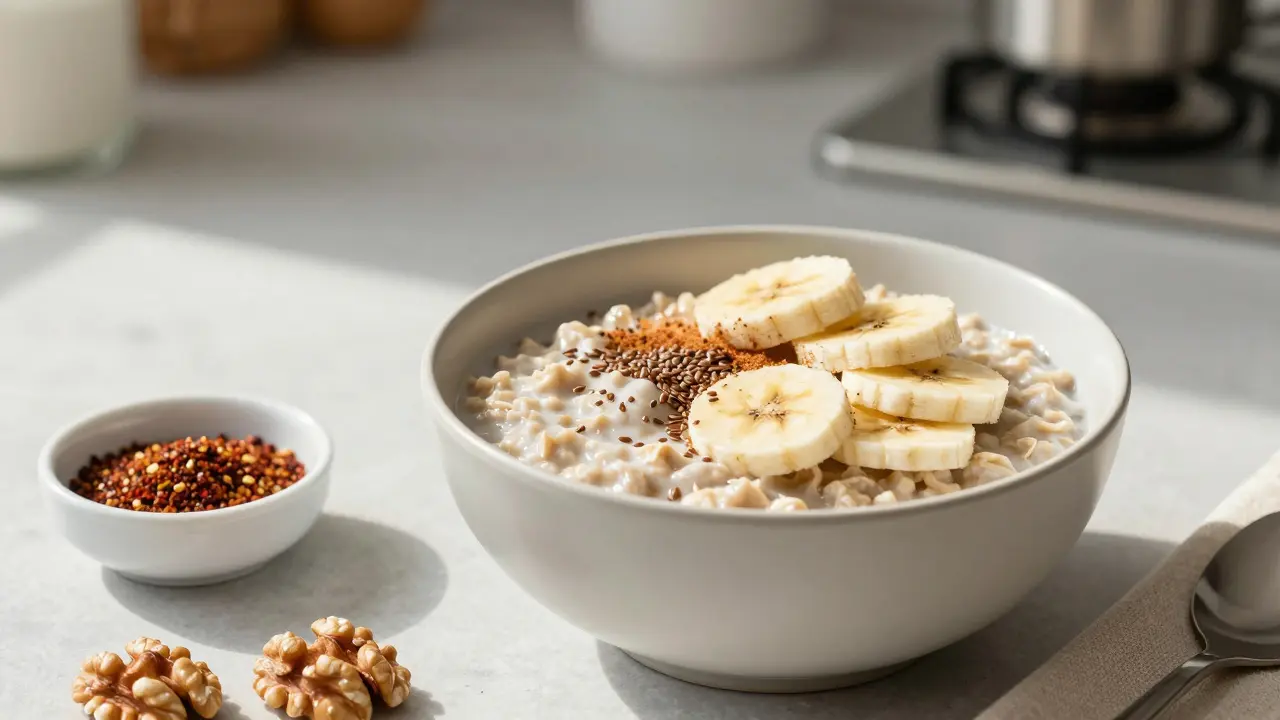 Haferbrei mit Banane, Leinsamen und Zimt neben Walnüssen