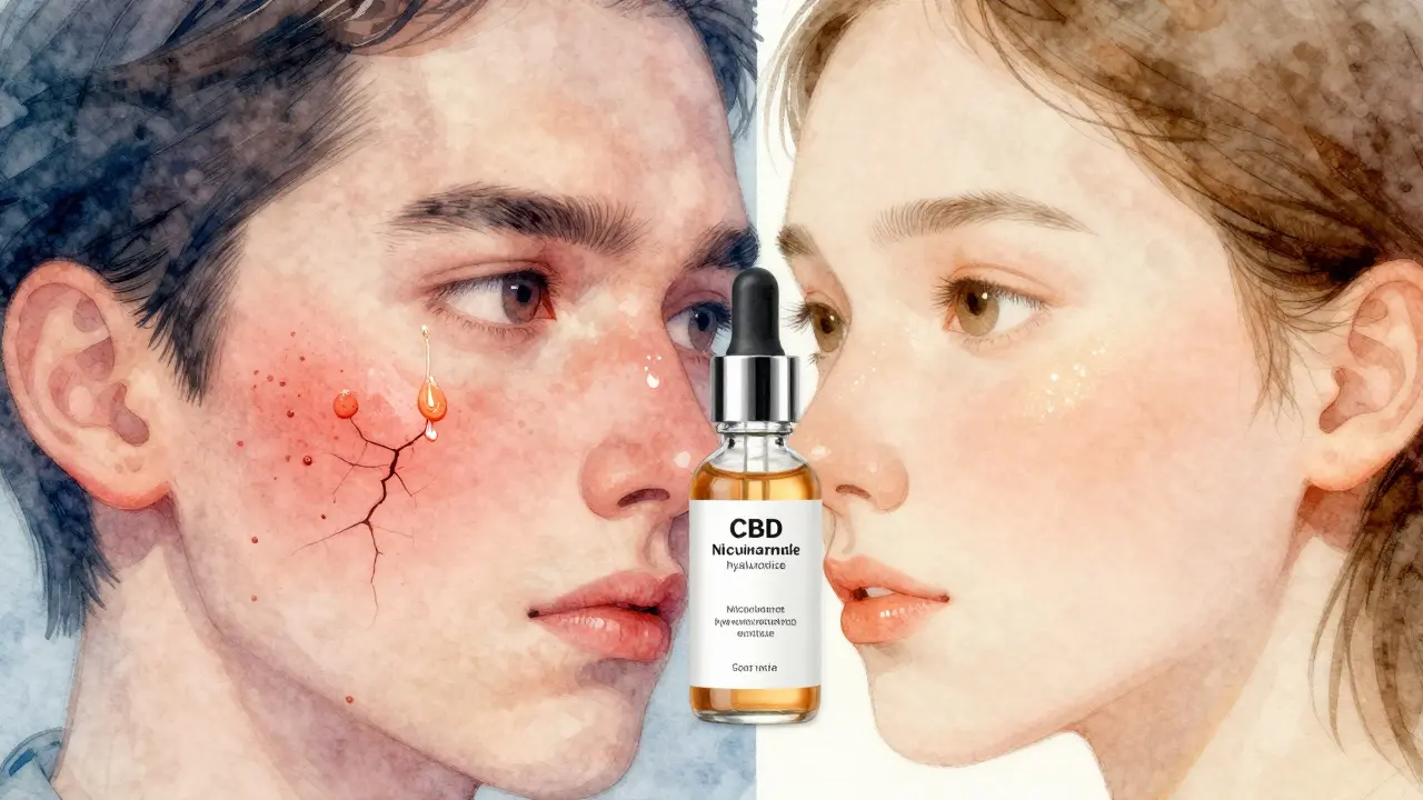 Kontrastierende Gesichtshaut: gereizt links, beruhigt rechts, symbolisch für falsche und richtige Anwendung.