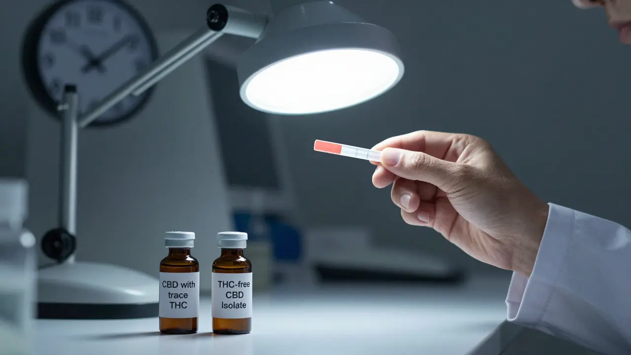 Laborteststreifen mit CBD- und THC-freien Produkten auf dem Tisch