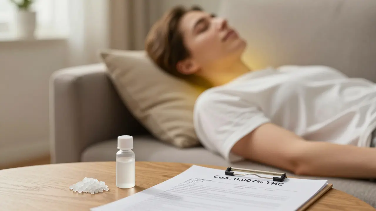 Mensch in ruhiger Pose, CBD-Kristallvial daneben, Laborbericht mit niedrigem THC-Gehalt sichtbar.