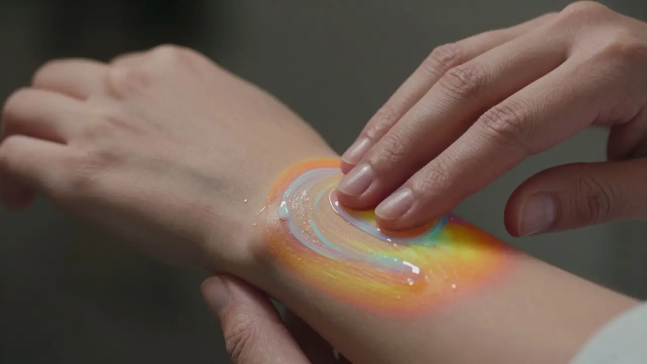 Nahaufnahme einer Hand, die CBD-Creme einmassiert, mit subtiler Wärmeverteilung in der Haut sichtbar.