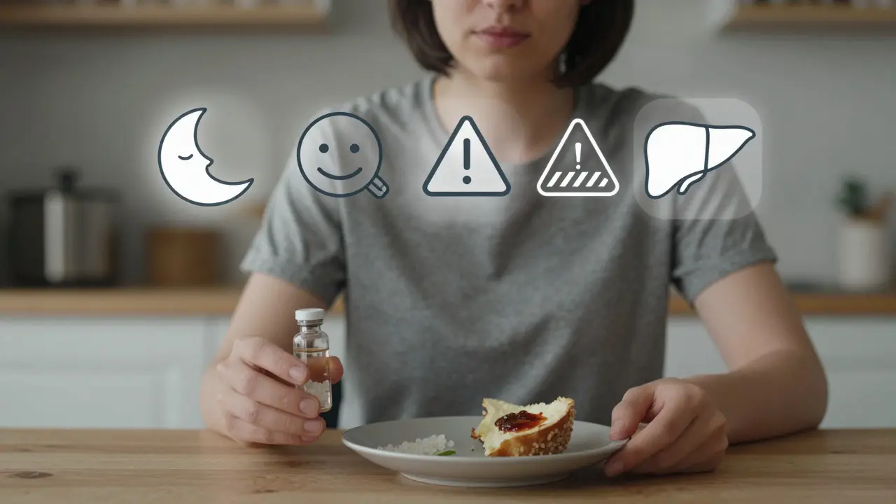 Person mit CBD-Kristallen und symbolischen Nebenwirkungen am Küchentisch.