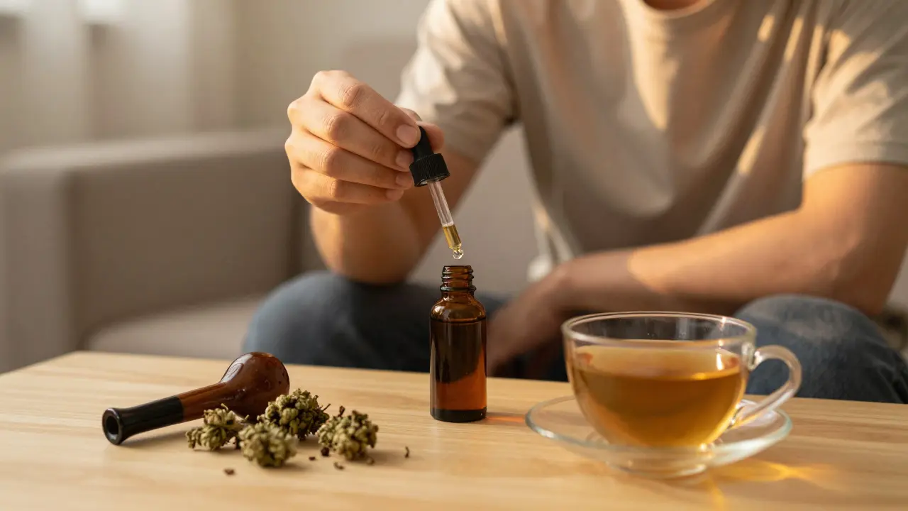 Person nimmt CBD-Öl unter die Zunge, während rauchende Geräte unbeachtet liegen.