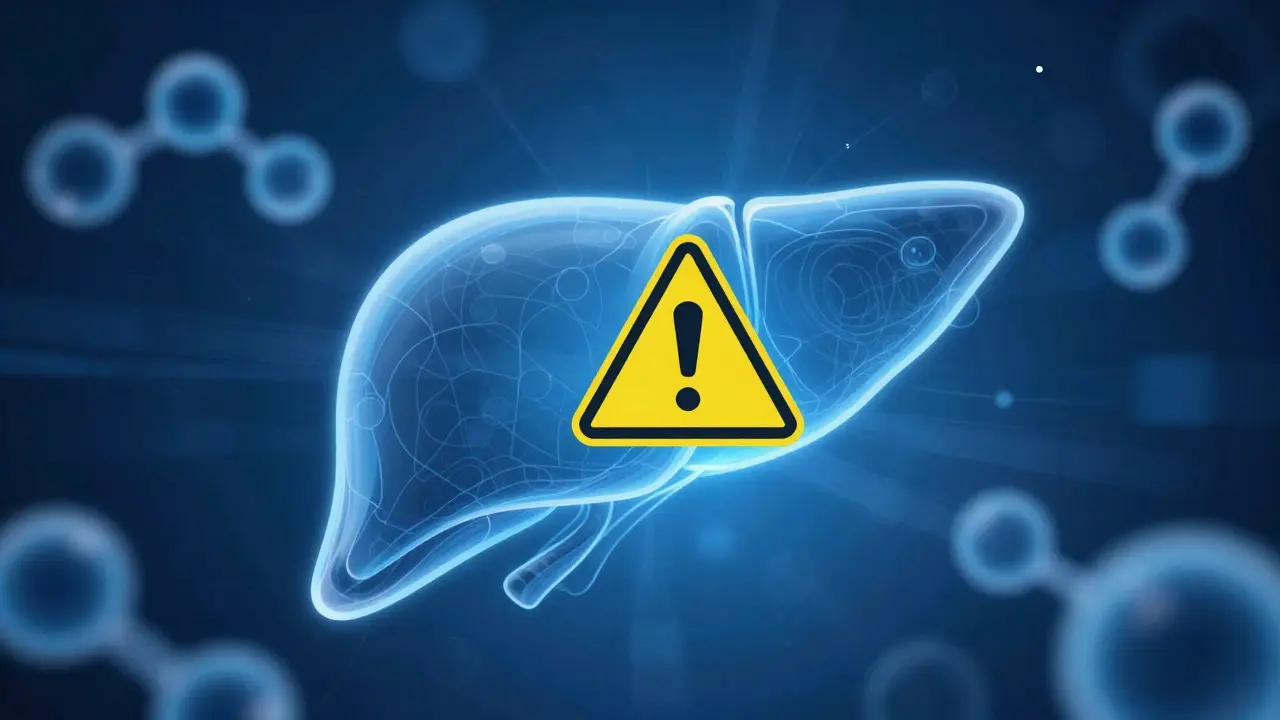 Stilisierte Leber mit Warnsymbol und CBD-Molekülen