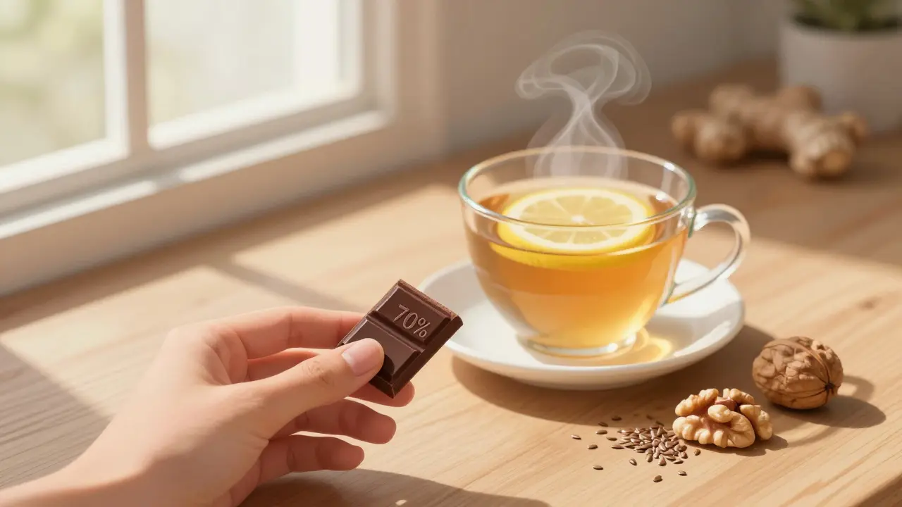 Stück dunkle Schokolade und Ingwertee mit Zitrone