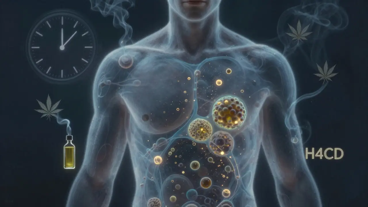 Translucent human body revealing lingering THC metabolites in fat cells, surrounded by fading cannabis-related symbols.