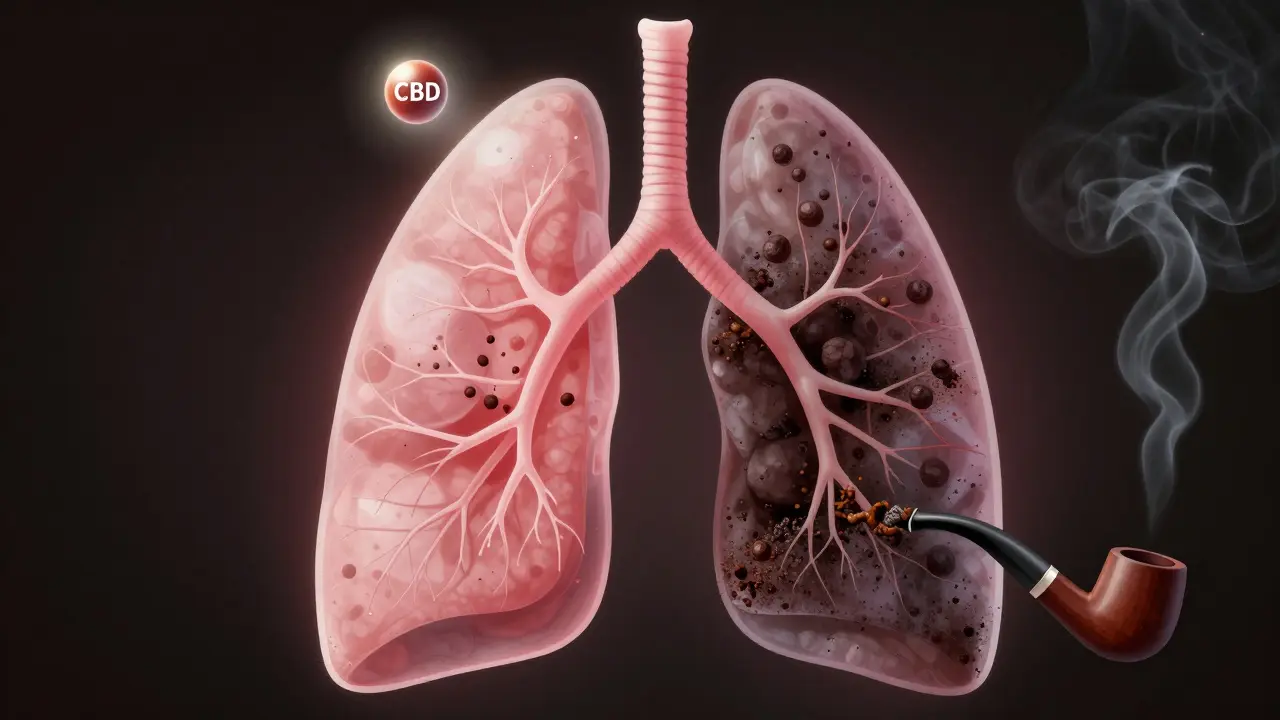 Transluzente Darstellung einer Lunge mit gesunden und durch Rauch geschädigten Bereichen.