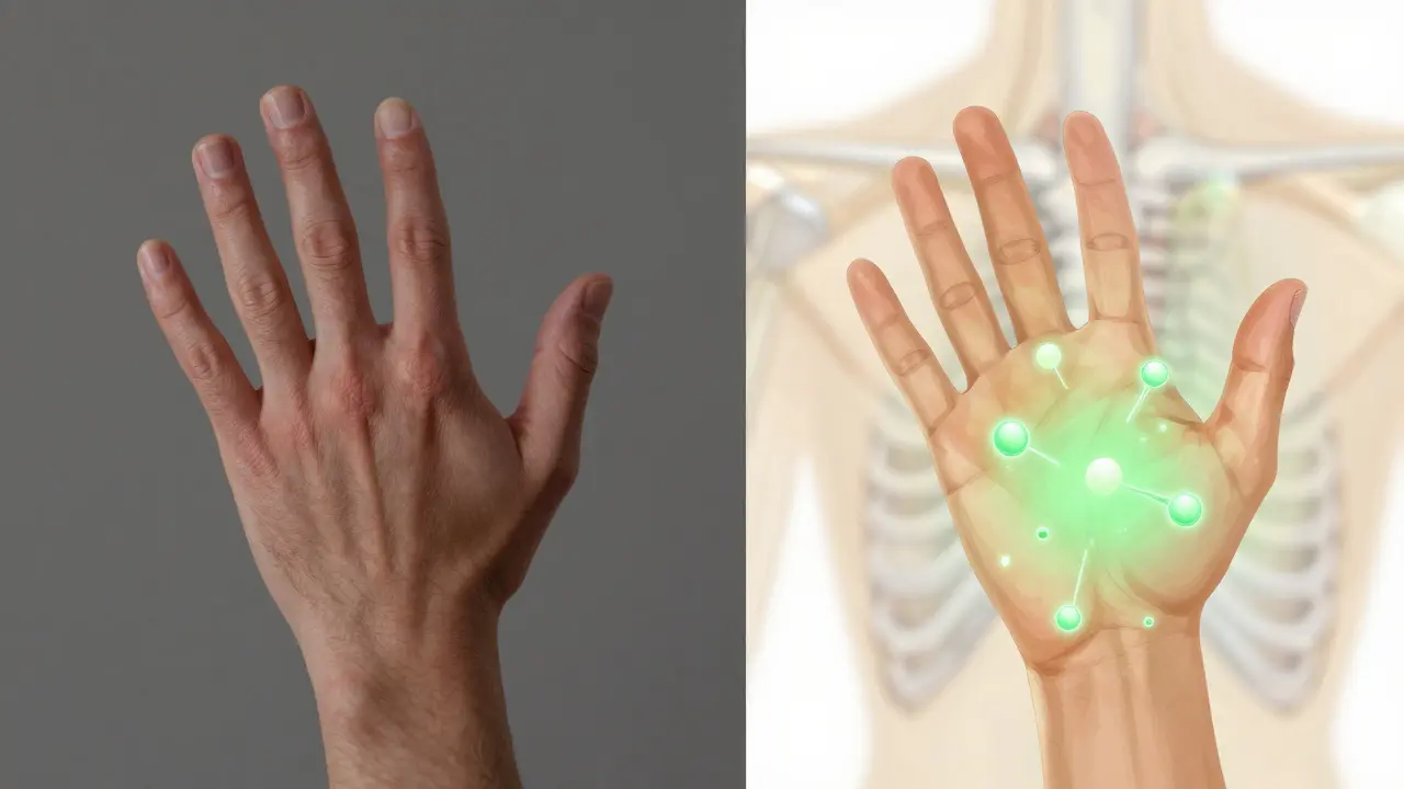 Vergleich: entzündete Gelenke links, rechts mit sanfter, heilender Lichtwirkung nach CBD-Anwendung.