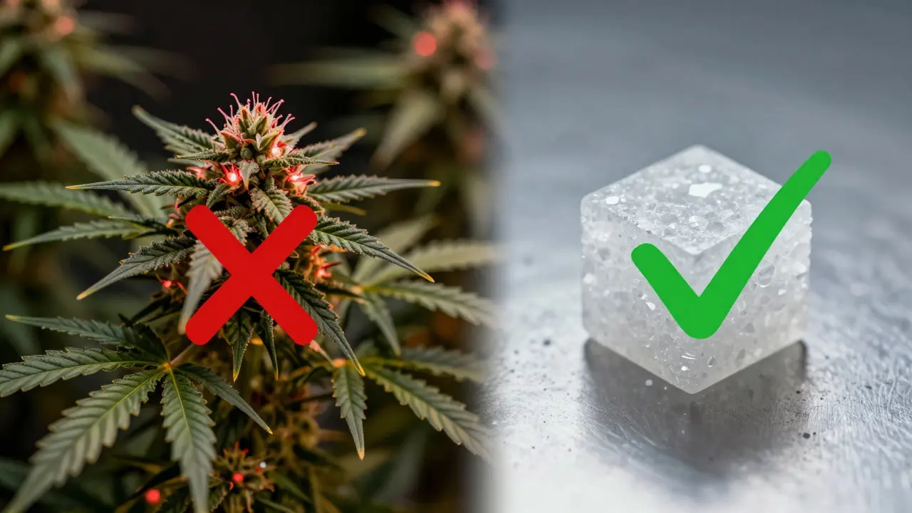 Vergleich: THC-haltige Hanfpflanze links, rechts reines CBD-Kristall mit Symbolen für Wirkung und Sicherheit.