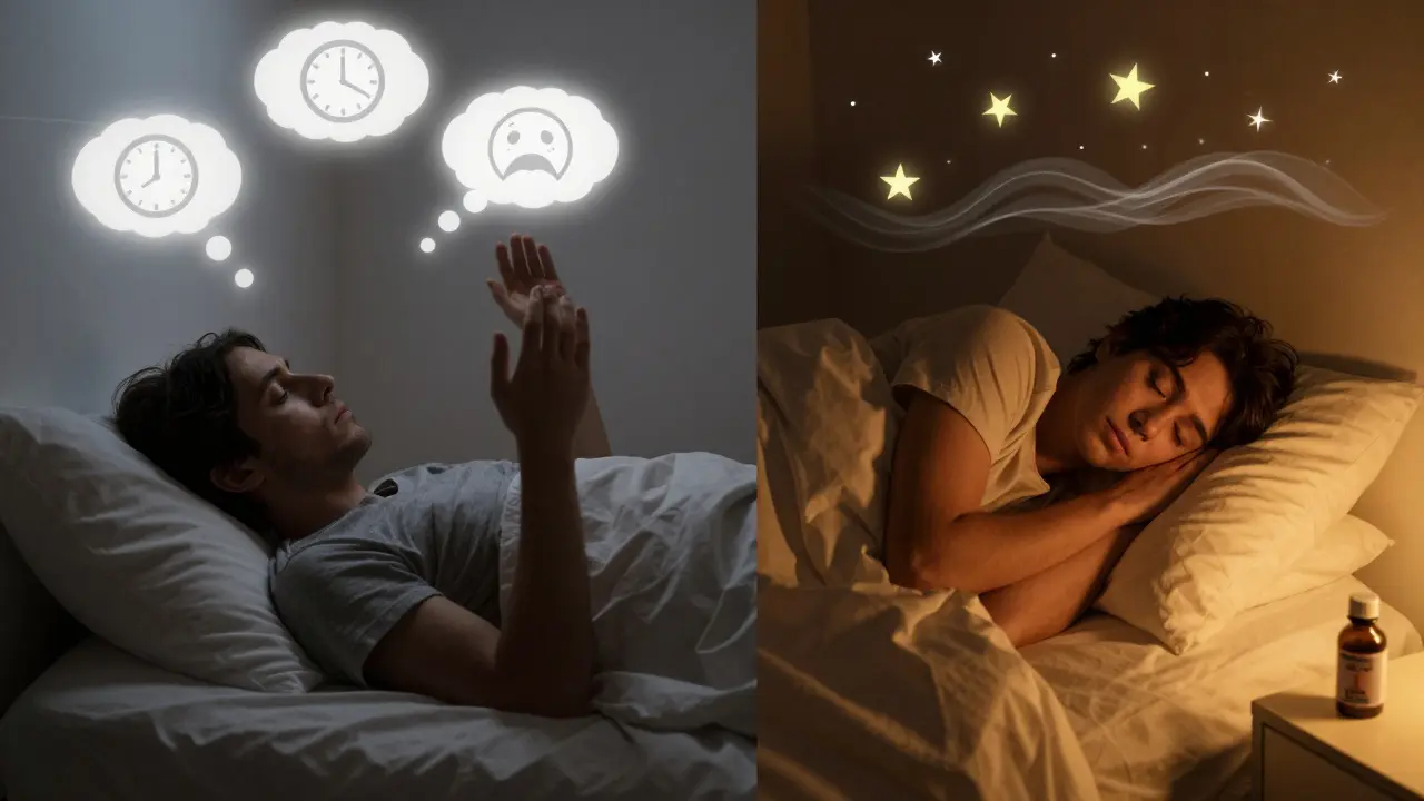 Vergleich: unruhiger Schlaf links, tiefer Schlaf rechts mit HHC-O-Flasche.