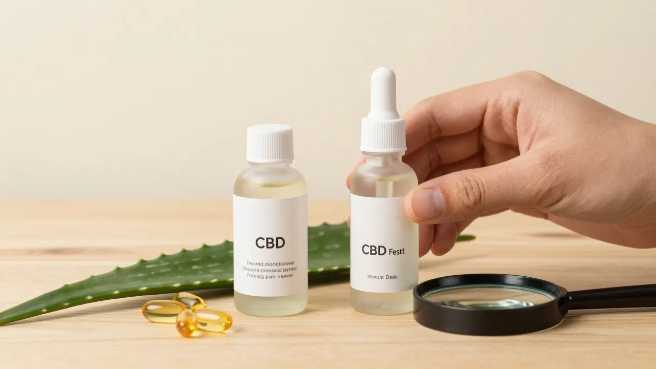 Vergleich von reinem CBD-Öl und formuliertem Serum mit pflanzlichen Begleitstoffen auf Holztisch.