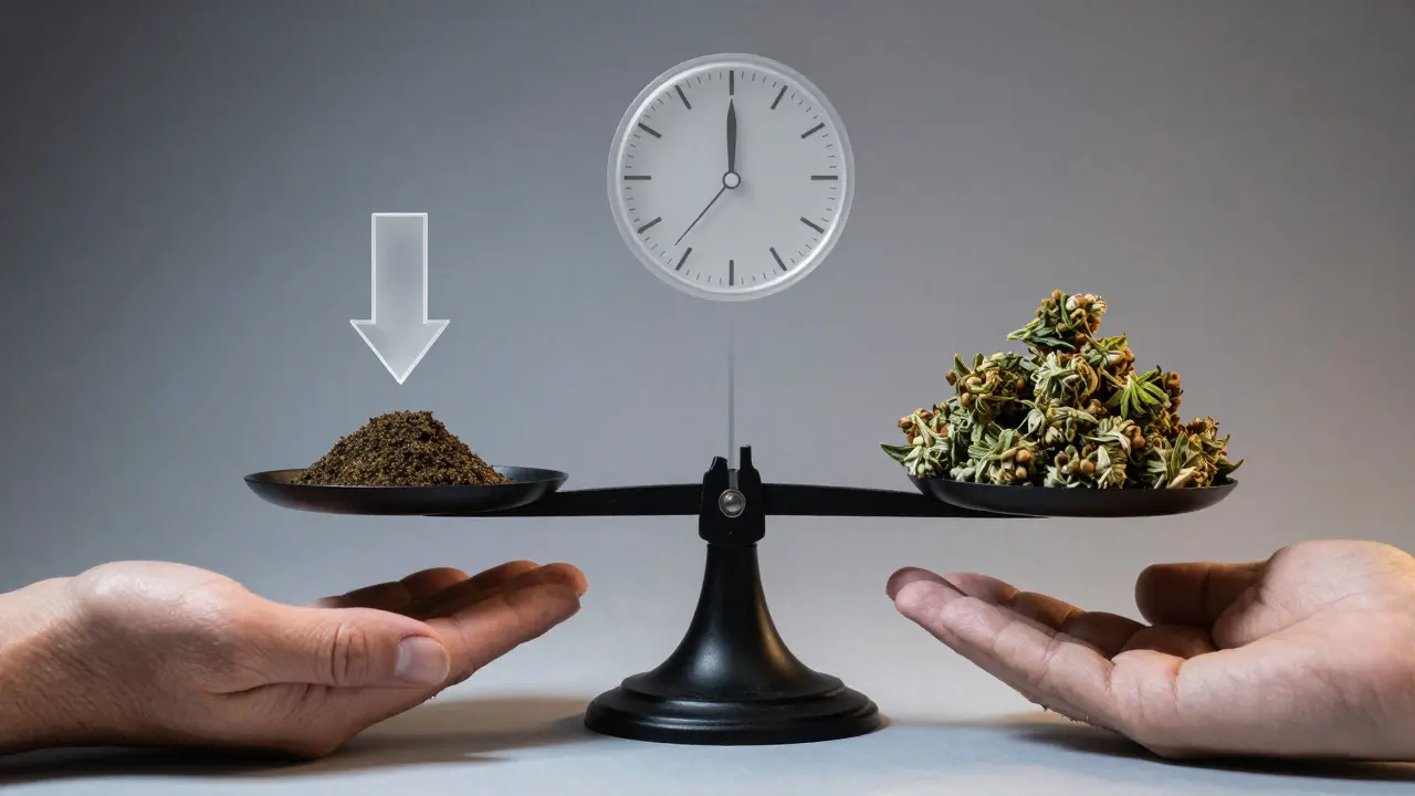 Waage mit wenig Hash und viel Blüten, Symbol für Konzentration und Effizienz.