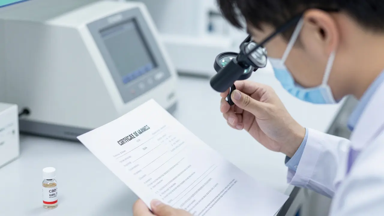 Wissenschaftler untersucht ein Laborzertifikat (COA) mit einem CBD-Shatter-Extrakt und HPLC-Gerät im Hintergrund.