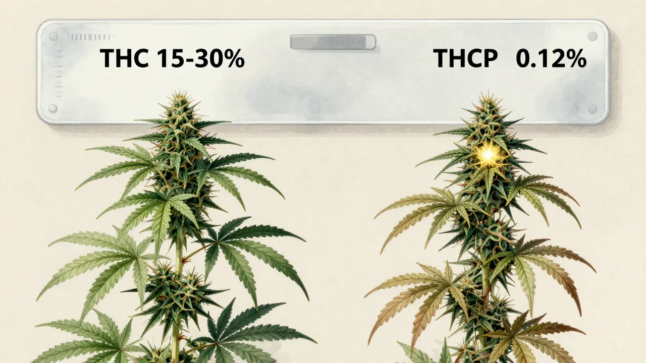 Zwei Cannabis-Pflanzen im Vergleich: eine reich an THC, die andere mit einem einzigen leuchtenden Trichom für THCP.