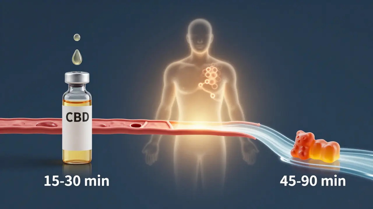 Zwei Wege der CBD-Aufnahme: Öl schnell ins Blut, Gummibärchen langsam über den Magen.