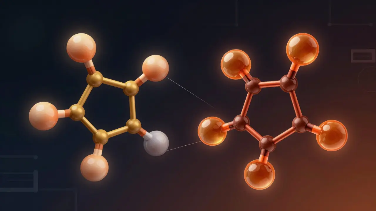 Abstrakte Darstellung molekularer Strukturen zweier Cannabinoide