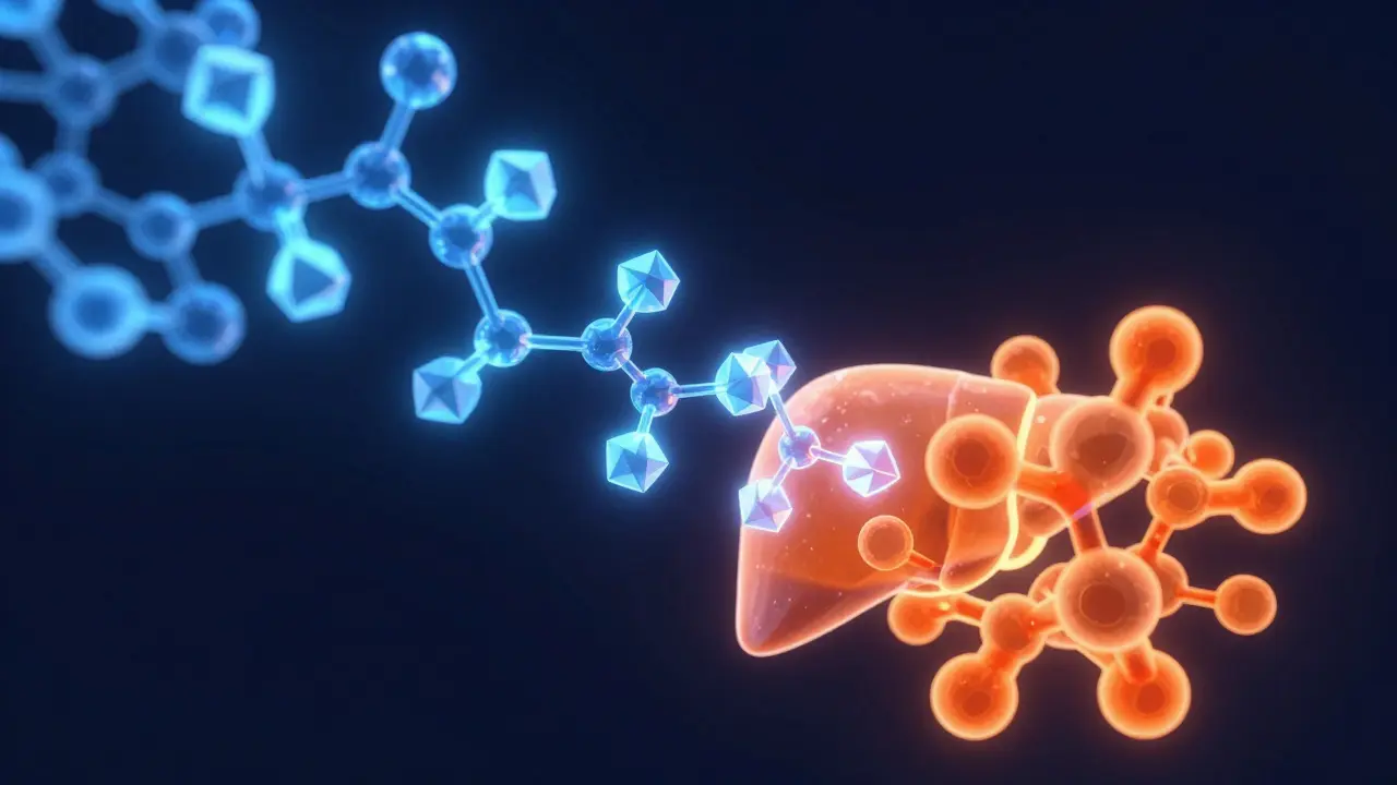 Abstrakte Darstellung von Molekülen, die sich in der Leber umwandeln