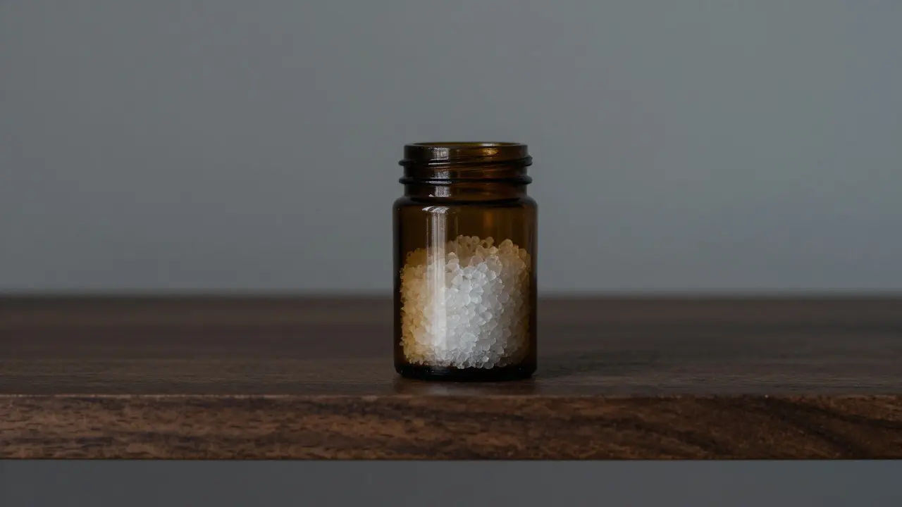 Amber-Glasgefäß mit CBD-Kristallen auf dunklem Regal zur Lagerung.