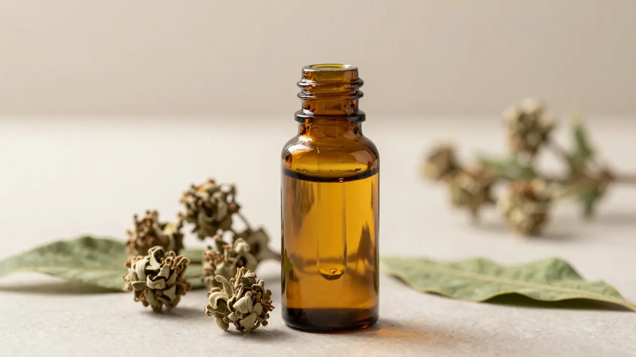 Amberne Tinkturflasche mit Pipette auf naturbelassenem Hintergrund