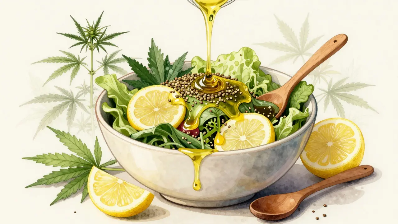 Bunte Salatschüssel mit Hanfsamen und Hanföl-Dressing in watercolor-Stil