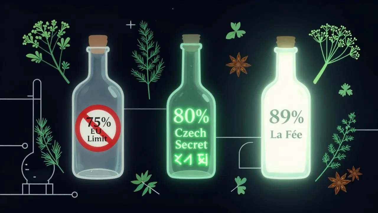 Drei geisterhafte Flaschen mit unterschiedlichen Alkoholgehalten schweben in Dunkelheit, umgeben von Kräuterformen.