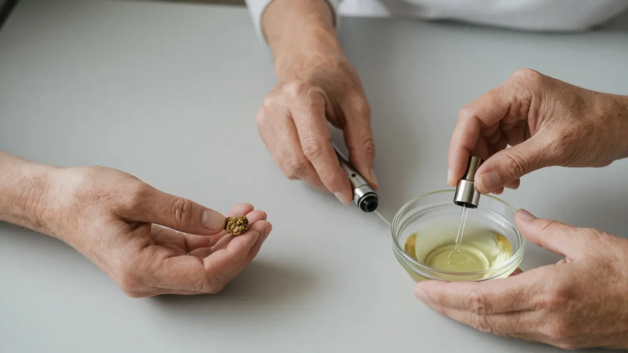 Drei Hände nutzen CBD Crumble auf verschiedene Weise: unter die Zunge, im Vaporizer und gemischt mit Öl.