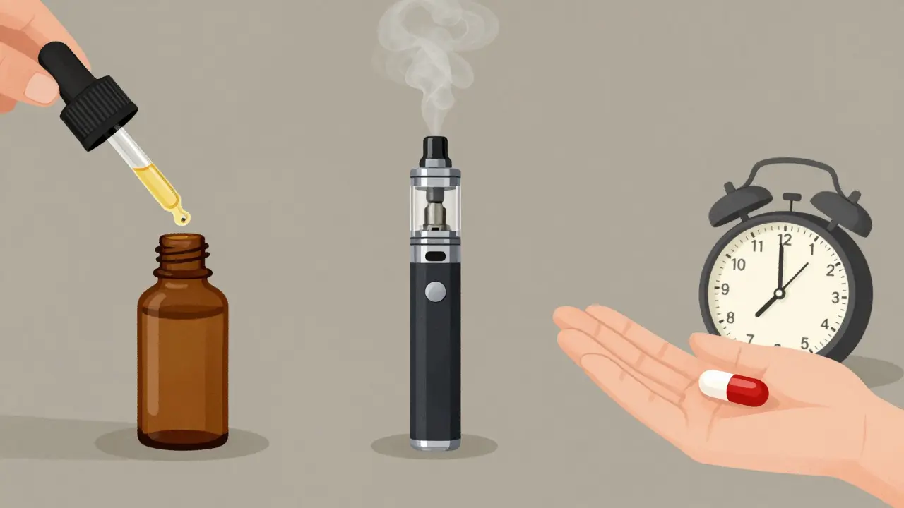 Drei Methoden der THCP-Einnahme: Tropfen, Vape und Kapsel, symbolisch dargestellt.