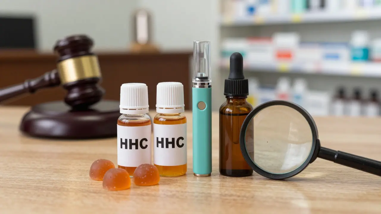 Drei unmarkierte HHC-Produkte mit versteckten Schadstoffen, dargestellt unter einer Lupe neben einem Gerichtsgewand.