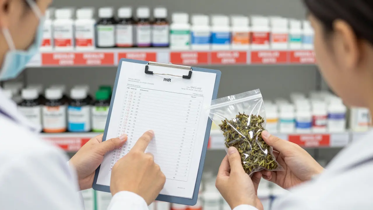 Ein Arzt zeigt einem Patienten einen Bluttest mit erhöhten Gerinnungswerten, während CBD-Blüten auf dem Tisch liegen.