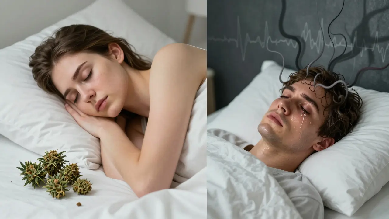 Ein Mensch liegt im Bett, auf einer Seite ruhig schlafend, auf der anderen Seite von Angst und Unruhe geplagt.