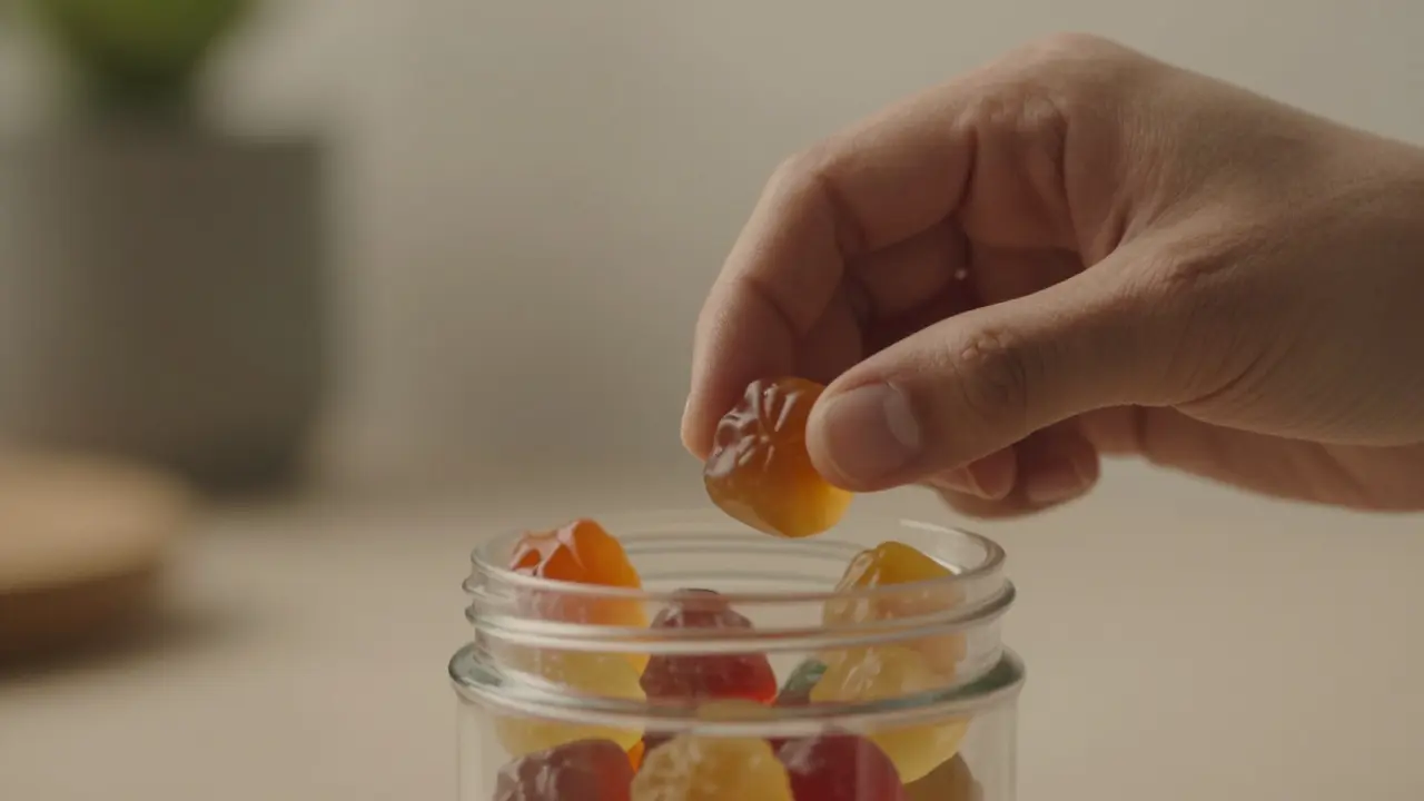 Eine Hand wählt vorsichtig ein einzelnes Gummibärchen aus einem Behälter aus.