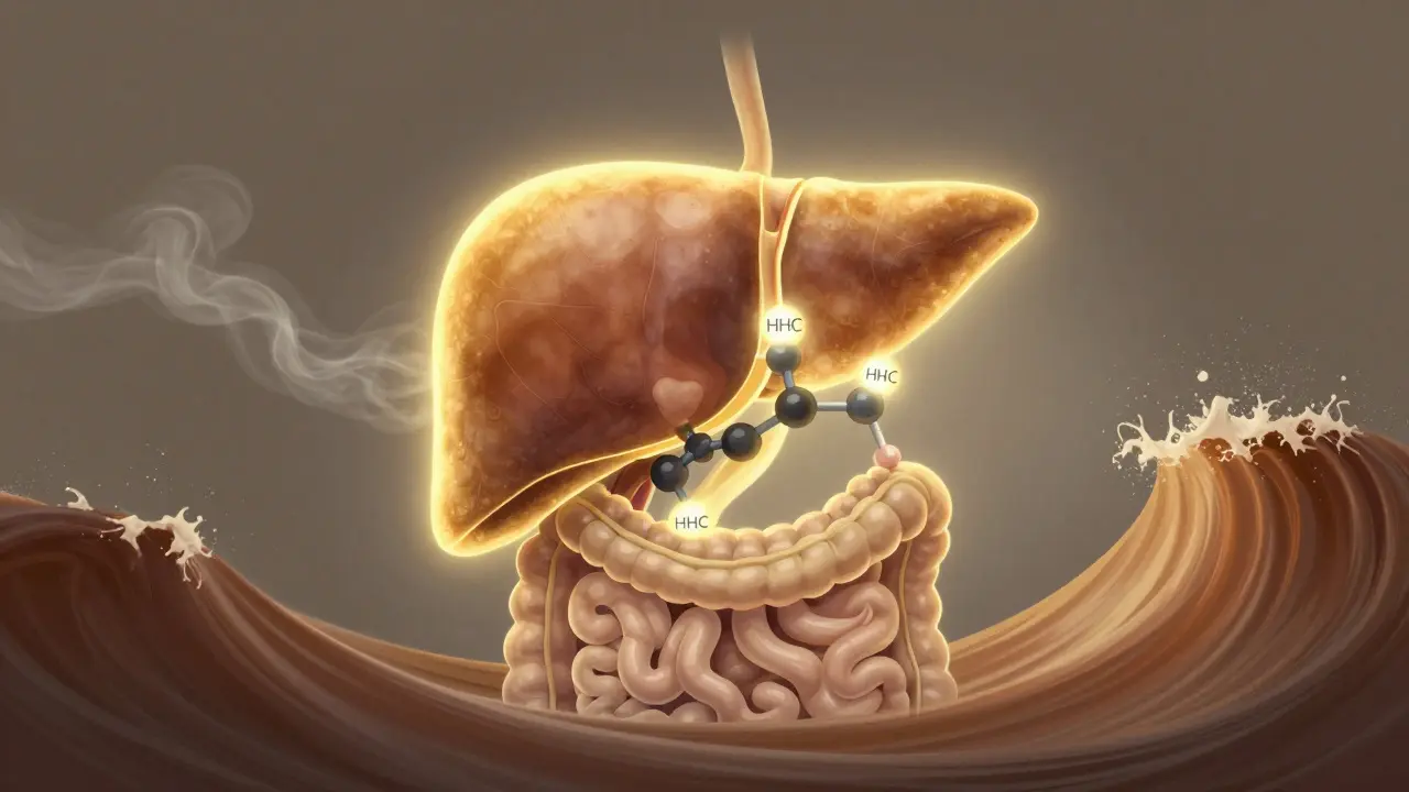 Eine leuchtende Leber wandelt ein HHC-Molekül in 11-Hydroxy-HHC um, visualisiert als biologischer Prozess mit goldenen Lichtstrahlen.
