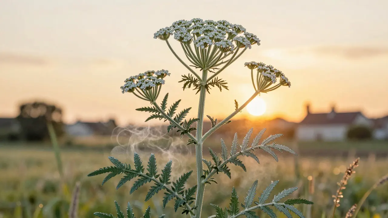 Eine silbrig-grüne Wermutpflanze im Abendlicht mit feinen Blättern und zartem Schimmer.