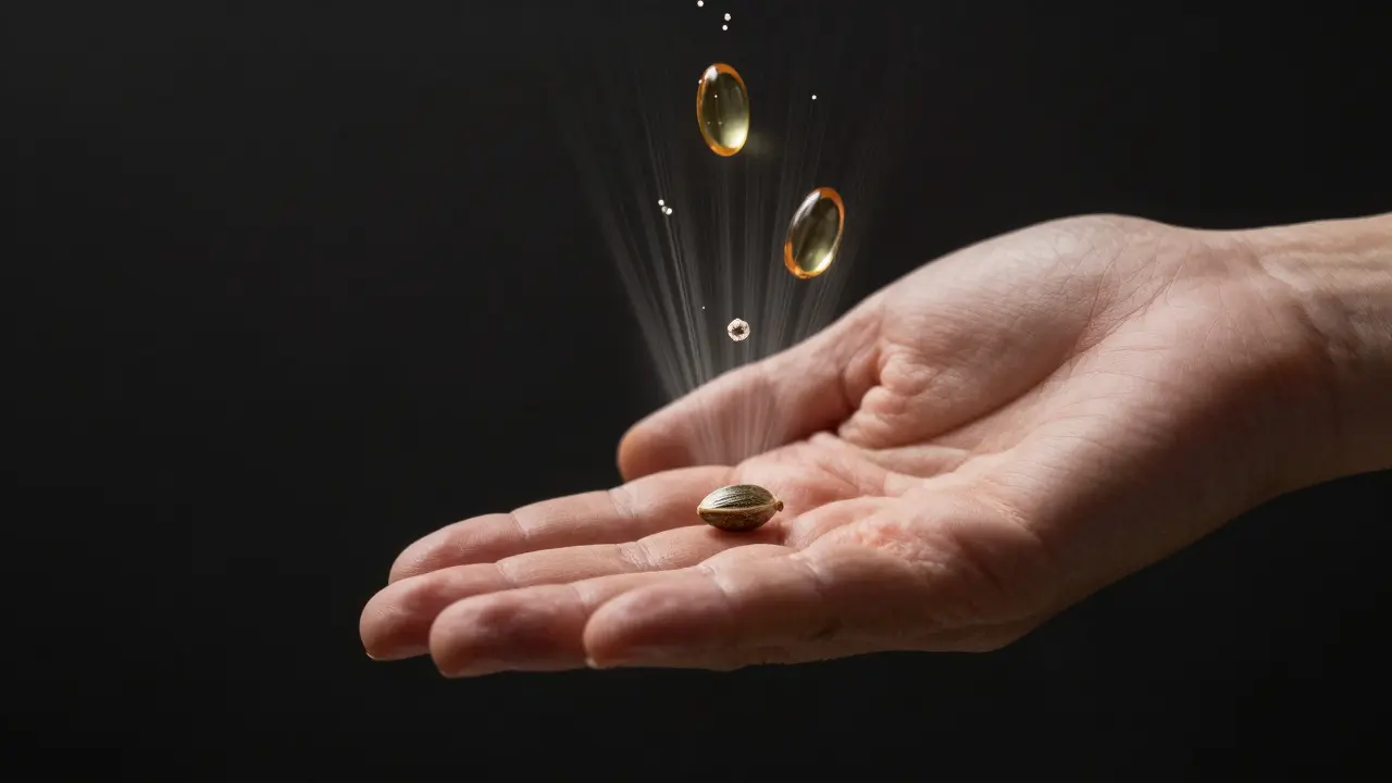 Einzelnes Hanfsamen mit goldenen Nährstoffpartikeln in dunklem Hintergrund