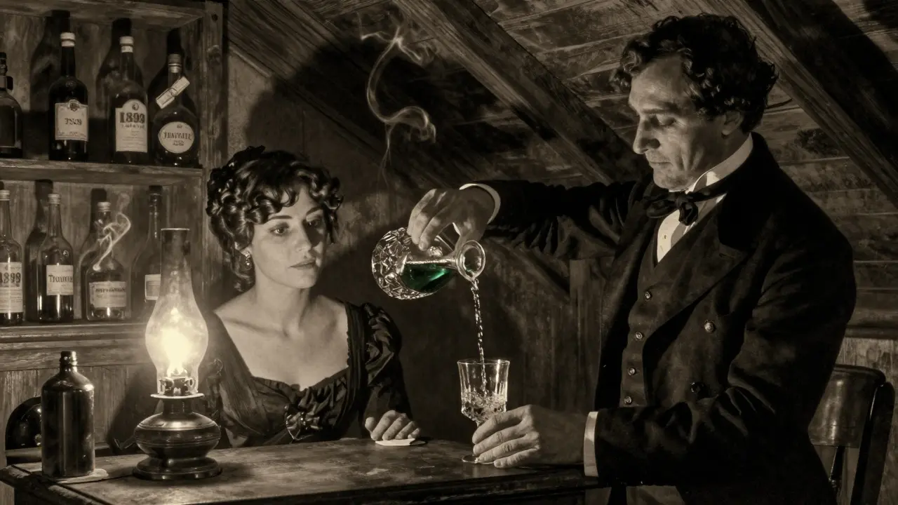 Historische Szene: Ein Mann gießt starken Absinth aus einer Kristallflasche in ein Glas.