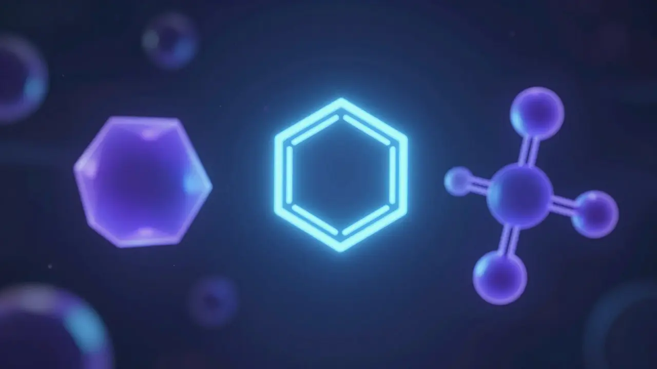 Konzeptuelle 3D-Darstellung von Cannabinoid-Molekülen mit unterschiedlicher Leuchtstärke.