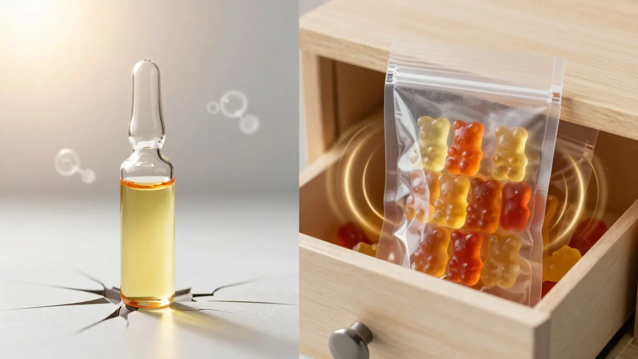 Linker Teil: zerbrechendes CBD-Öl-Fläschchen unter Sonnenlicht; rechter Teil: verschlossene Tüte mit Gummibärchen in der Schublade.