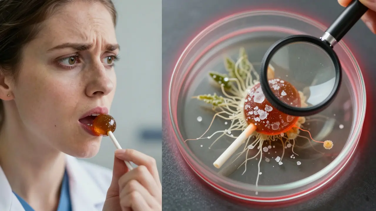 Links: Person probiert ein Bonbon mit unklarem Ausdruck; rechts: mikroskopische Ansicht von Schimmel und Kristallen im Bonbon.